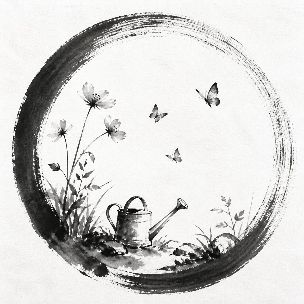 a garden scene with butterflies, flowers and a watering can, clean uncolored line art, no text