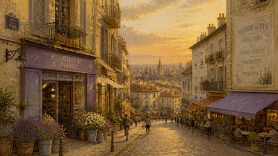 bustling city street panorama at dusk