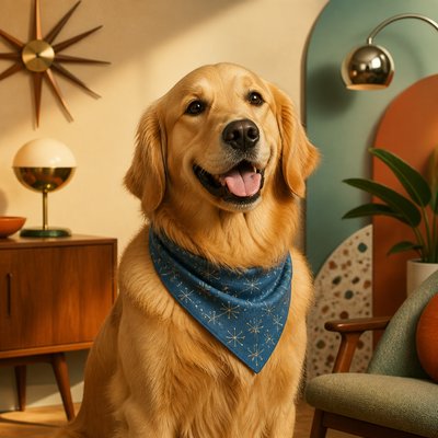 portrait of a golden retriever wearing a blue bandana, warm plain backdrop, no text