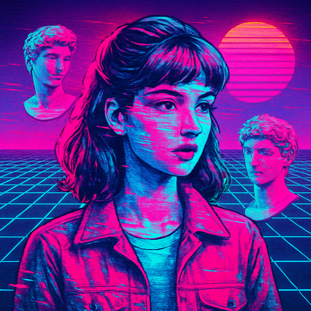 Vaporwave portrait of a retro girl with glitch effects, surrounded by floating busts and neon grids, cyan and magenta palette, surreal 80s mall aesthetic