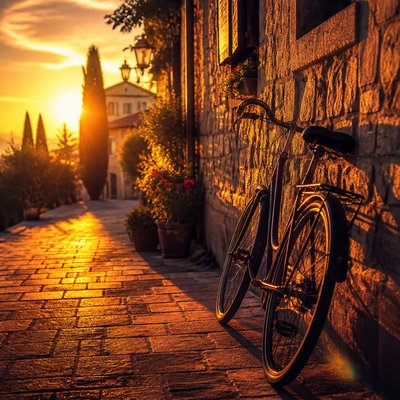 bicyle resting against a wall — Golden Hour Landscape Photography Style