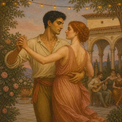 an original couple dancing under string lights in a garden at dusk: a man with short black hair in a linen shirt and a woman with braided red hair in a summer dress
