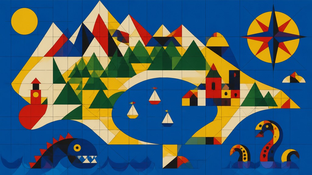 a map of an island realm with mountains, forests, a sheltered bay, sea monsters in the water and a compass rose, no text labels