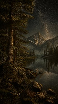 a tranquil mountain lake beneath a starry night sky, no people, no text