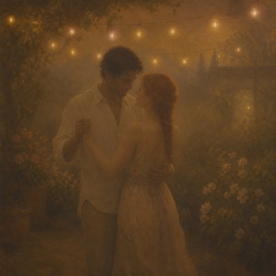 an original couple dancing under string lights in a garden at dusk: a man with short black hair in a linen shirt and a woman with braided red hair in a summer dress