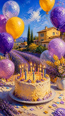 a birthday cake with lit candles surrounded by balloons and confetti, festive vertical composition, no text