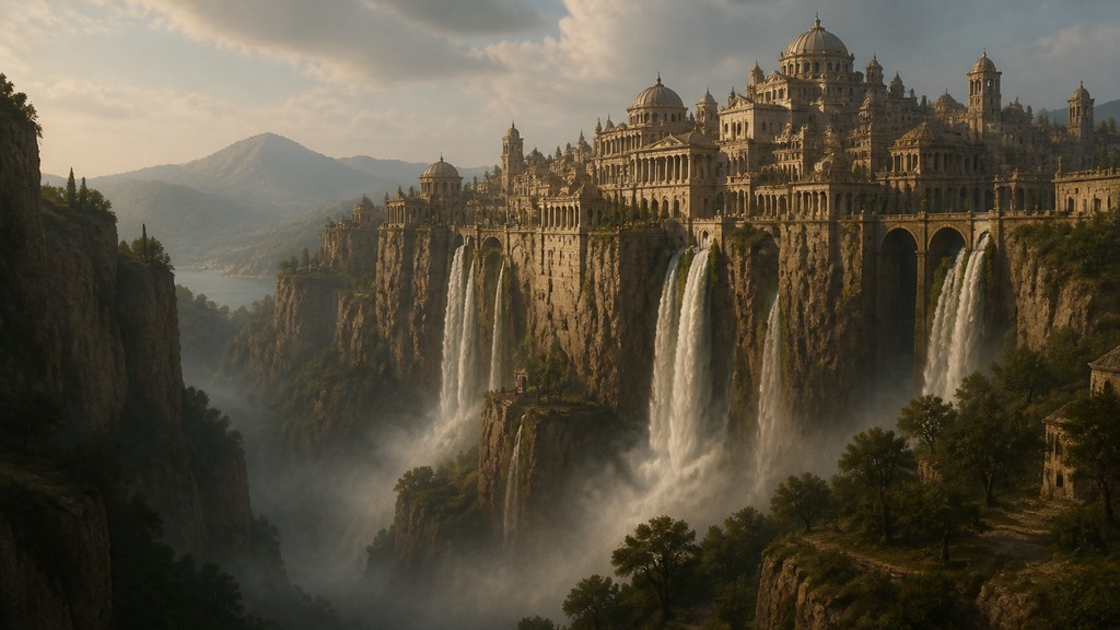 a cliffside city with waterfalls cascading into a misty canyon, wide establishing shot, no people, no text