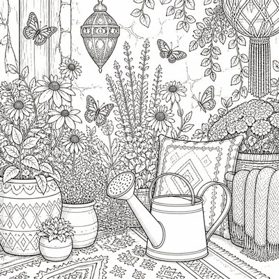 a garden scene with butterflies, flowers and a watering can, clean uncolored line art, no text