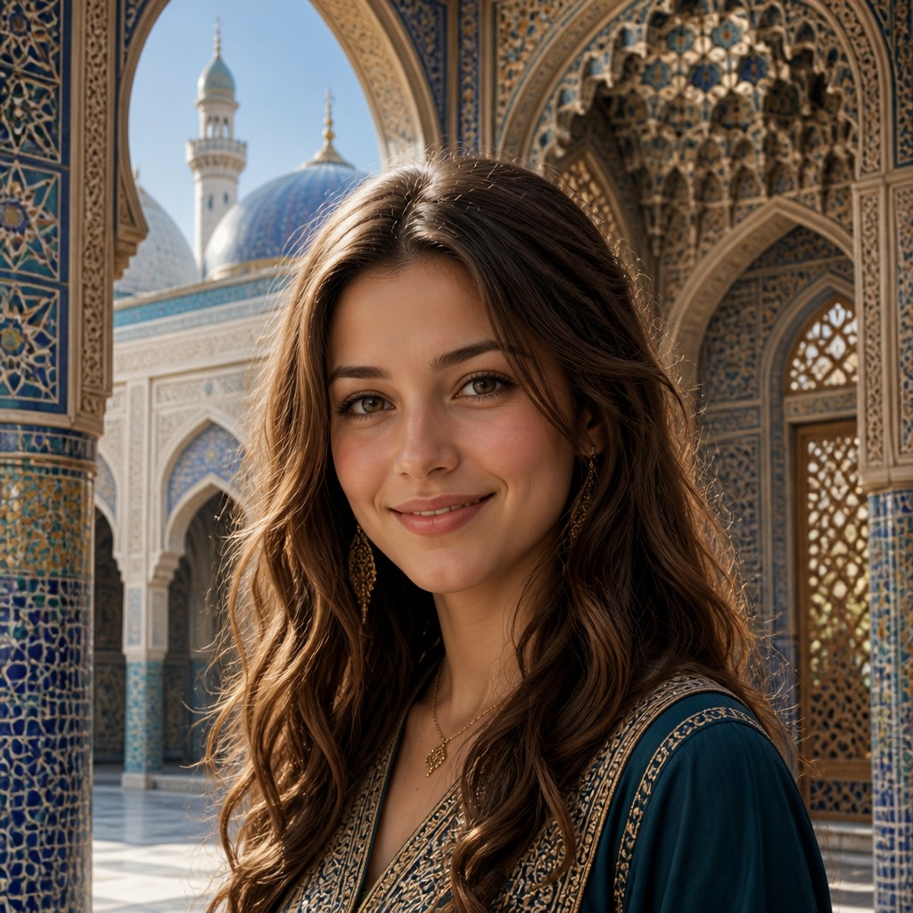 head-and-shoulders portrait of an original character: a young woman with wavy chestnut hair and a warm smile, plain soft backdrop
