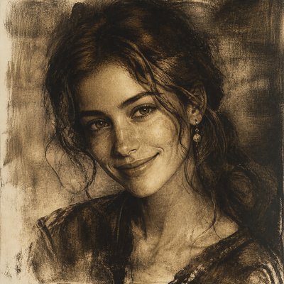 head-and-shoulders portrait of an original character: a young woman with wavy chestnut hair and a warm smile, plain soft backdrop