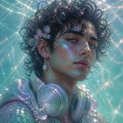 head-and-shoulders portrait of an original character: a young man with curly dark hair and headphones around his neck, plain backdrop, no text