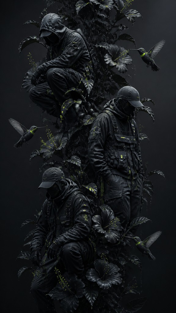 a climbing vine of flowers and hummingbirds on a dark background, tall wrapping composition, no text