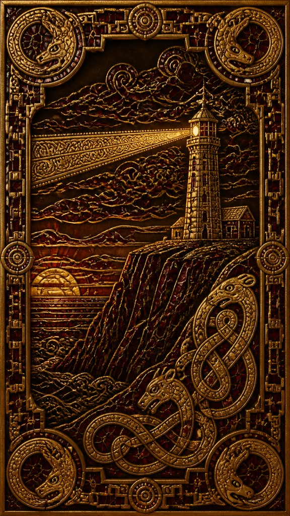 a lone lighthouse on a cliff at dusk under a dramatic sky, no text or lettering