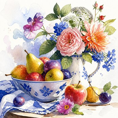 still life arrangement of fruits and flowers