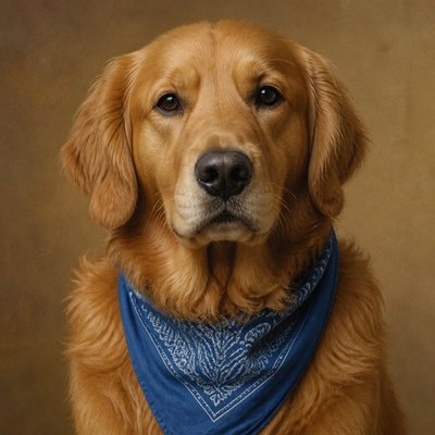 portrait of a golden retriever wearing a blue bandana, warm plain backdrop, no text