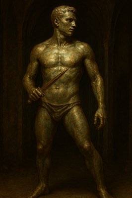 a bronze statue of a man holding a sword