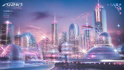 a city skyline panorama at dusk with glowing windows, no people