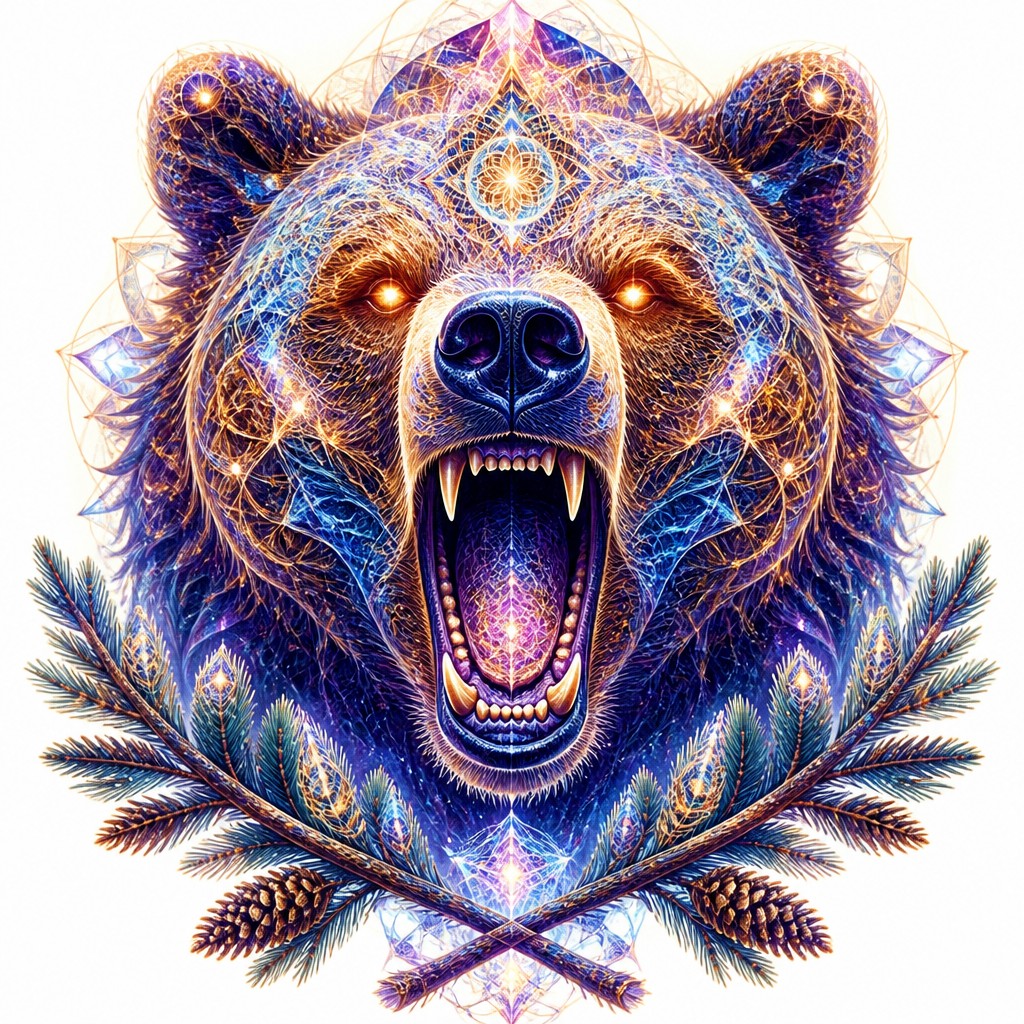 a roaring bear head above crossed pine branches, bold graphic composition on a plain background, no text