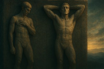 a painting of two men standing next to each other