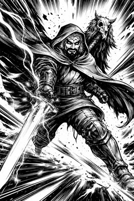 a black and white drawing of a man with a sword