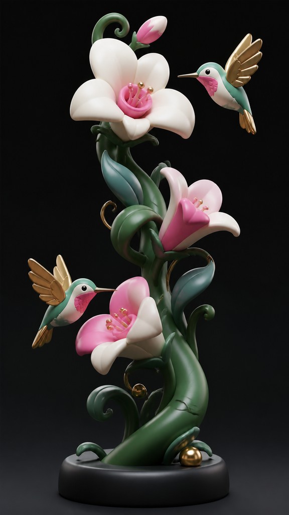 a climbing vine of flowers and hummingbirds on a dark background, tall wrapping composition, no text
