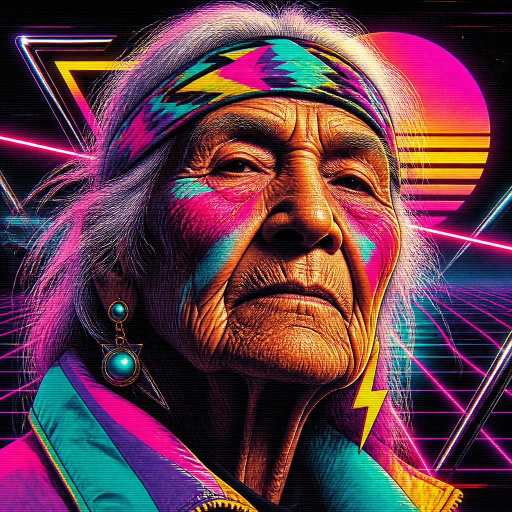 close-up portrait of an elderly person with expressive weathered features — 80s Retro Aesthetic