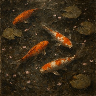 A koi pond seen from above, orange and white koi fish swimming among lily pads, clear water with subtle ripples, fallen cherry blossom petals floating on the surface, dappled sunlight