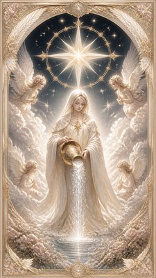 a robed figure pouring water beneath a large eight-pointed star in a night sky, symmetrical composition with an ornate decorative border, no text