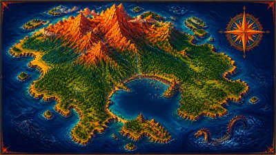 a map of an island realm with mountains, forests, a sheltered bay, sea monsters in the water and a compass rose, no text labels