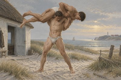 a painting of two men wrestling on the beach