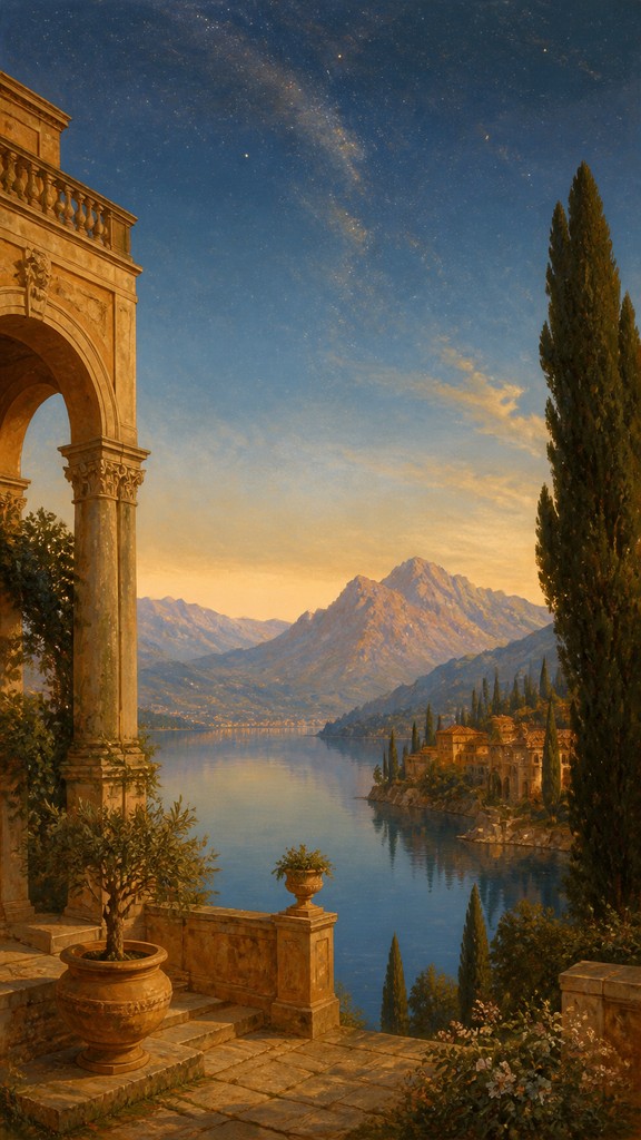 a tranquil mountain lake beneath a starry night sky, no people, no text