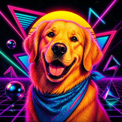 portrait of a golden retriever wearing a blue bandana, warm plain backdrop, no text