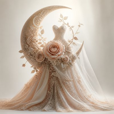 a rose entwined with a crescent moon, clean balanced composition on a plain background, no text