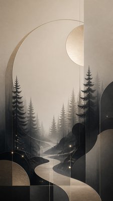 a mysterious forest path with fireflies and drifting mist, atmospheric vertical composition with open space at the top, no text