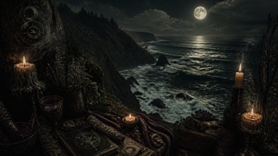 a moonlit coastline with cliffs and crashing surf, no people