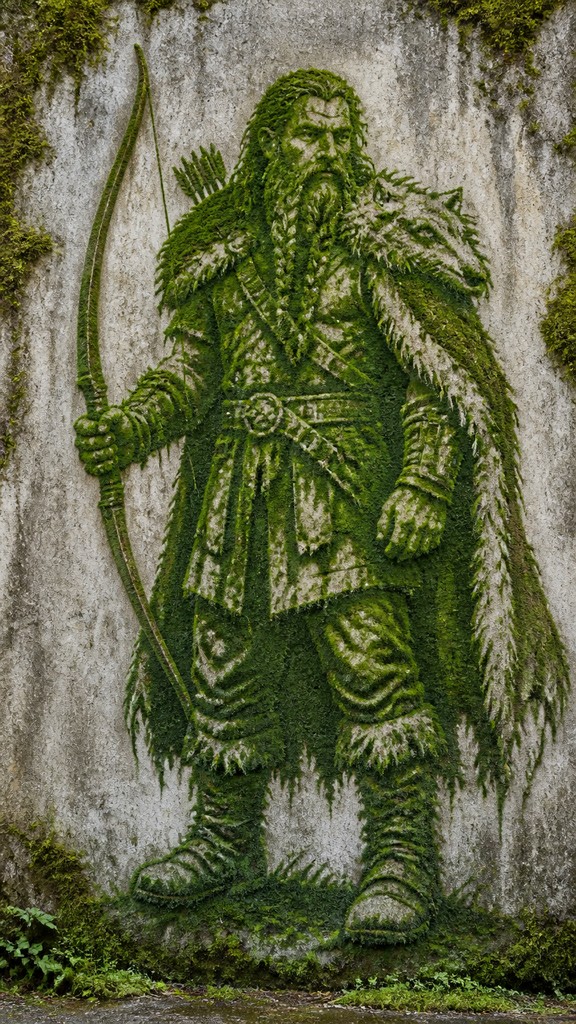 full-body original character: a dwarven ranger with a braided auburn beard, worn leather armor, a longbow and a wolf-pelt cloak, neutral background, no text