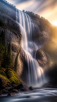 towering waterfall cascading down a cliff