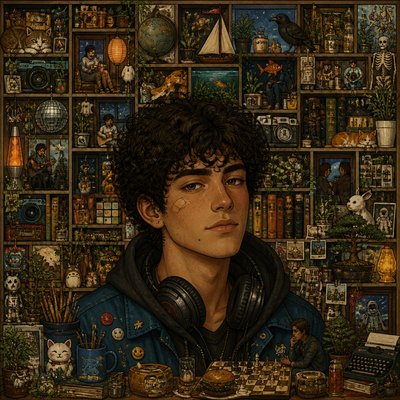 head-and-shoulders portrait of an original character: a young man with curly dark hair and headphones around his neck, plain backdrop, no text