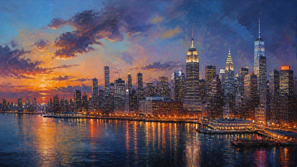 a city skyline panorama at dusk with glowing windows, no people