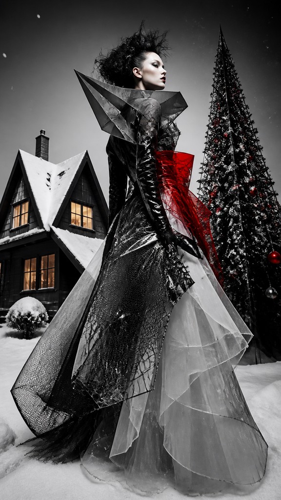 a snow-covered cottage with warm glowing windows beside a decorated pine tree, gentle snowfall, no text