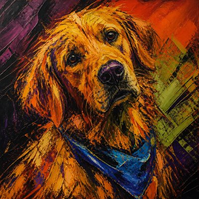 portrait of a golden retriever wearing a blue bandana, warm plain backdrop, no text