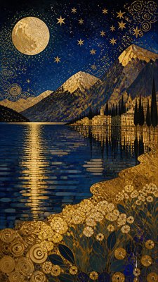 a tranquil mountain lake beneath a starry night sky, no people, no text