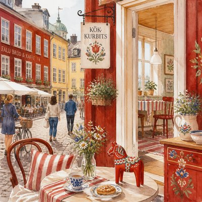 urban street with city activity — Swedish Art Style