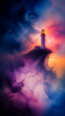 a lone lighthouse on a cliff at dusk under a dramatic sky, no text or lettering