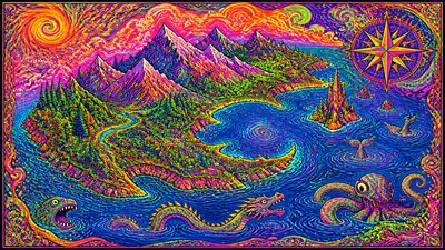 a map of an island realm with mountains, forests, a sheltered bay, sea monsters in the water and a compass rose, no text labels