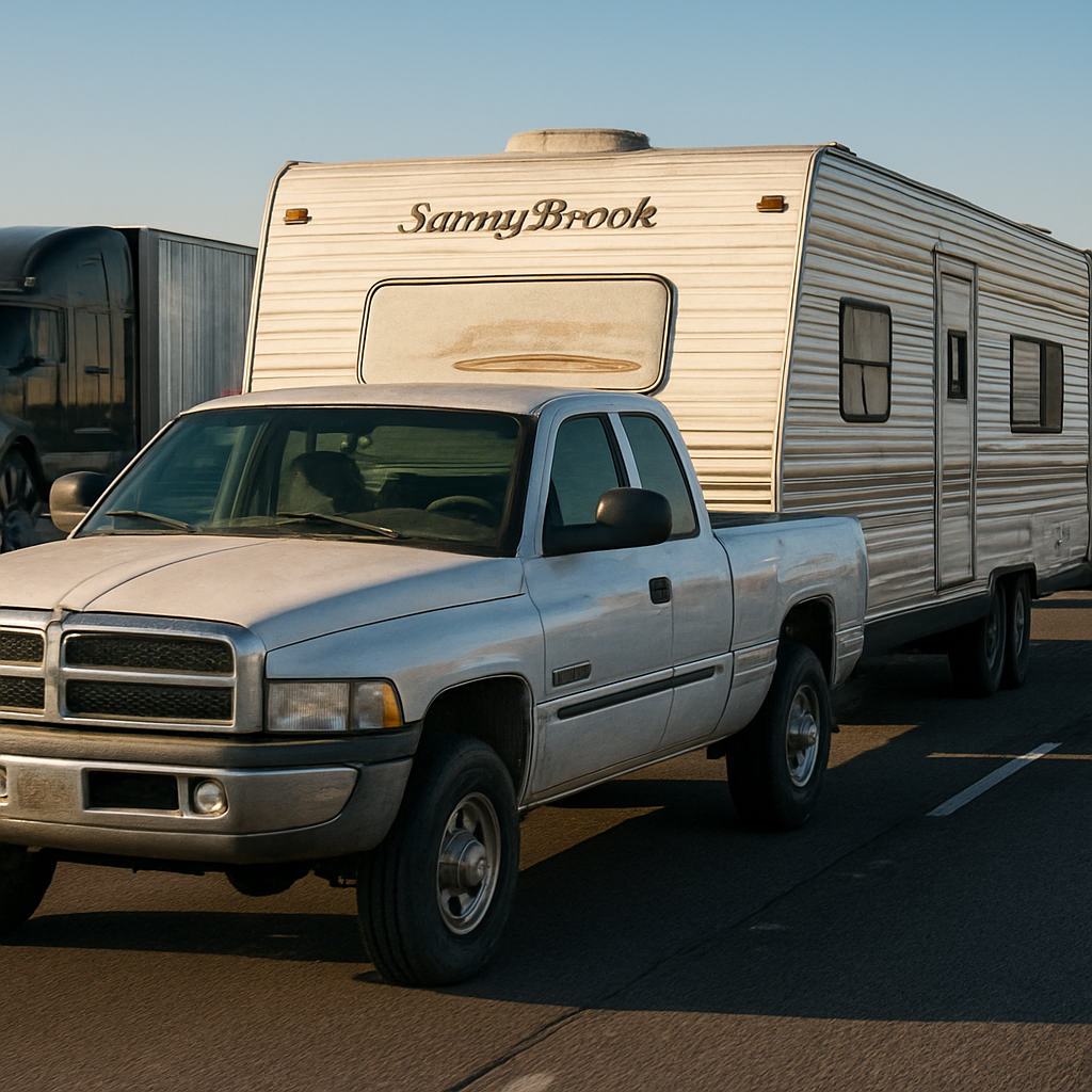 Generate a realistic, eye-level photograph of a white 2002 Dodge Ram 2500 pickup truck, specifically a quad cab model, pulling a 33-foot Sunnybrook Sunset Creek travel trailer. The trailer must have distinct, painted aluminum siding. The entire rig is situated in the middle of heavy, slow-moving traffic on Interstate 40 (I-40) in Amarillo, Texas, with other cars and semi-trucks visible all around. The time of day is late afternoon, with the sun casting long shadows, and the sky is clear, typical of the Texas Panhandle. The focus is on the truck and trailer, showing the details of both vehicles amidst the bustling highway environment.
