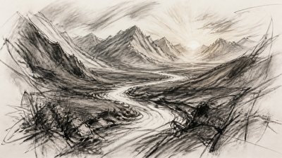 a vast valley with a river winding toward distant mountains at sunrise, no people, no text