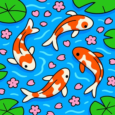 A koi pond seen from above, orange and white koi fish swimming among lily pads, clear water with subtle ripples, fallen cherry blossom petals floating on the surface, dappled sunlight