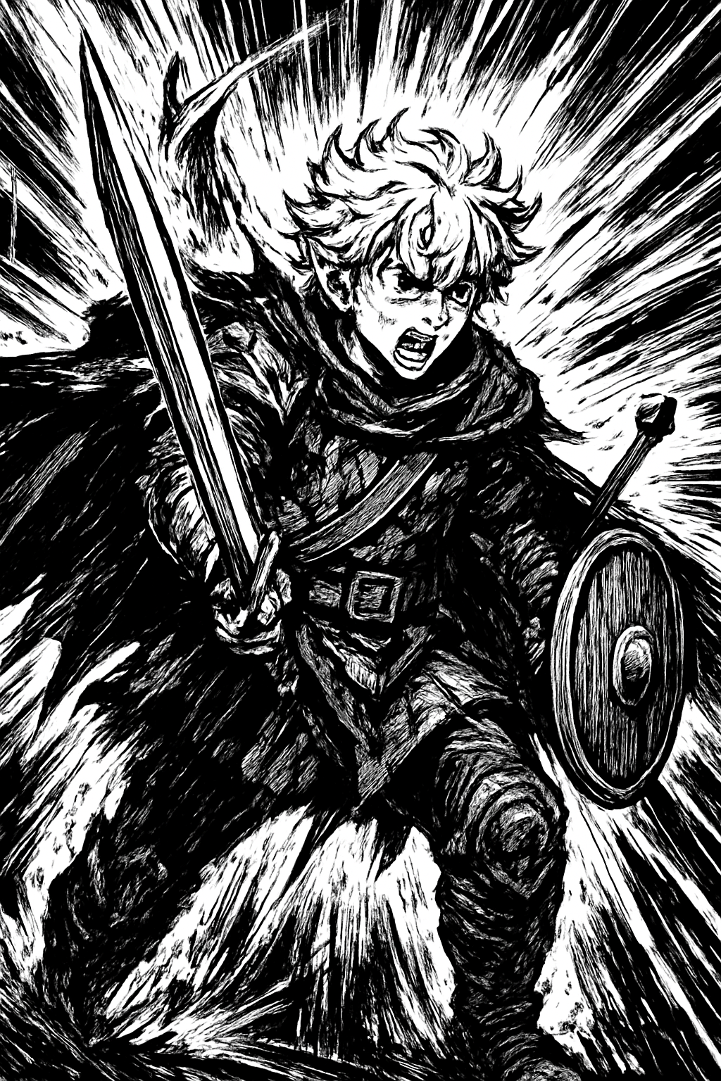 a black and white drawing of a man holding a sword
