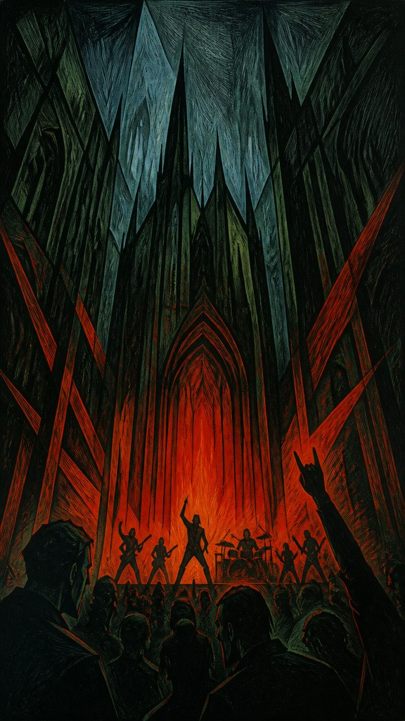 a live music scene with a glowing stage and silhouetted crowd, energetic vertical composition with open space at the top, no text